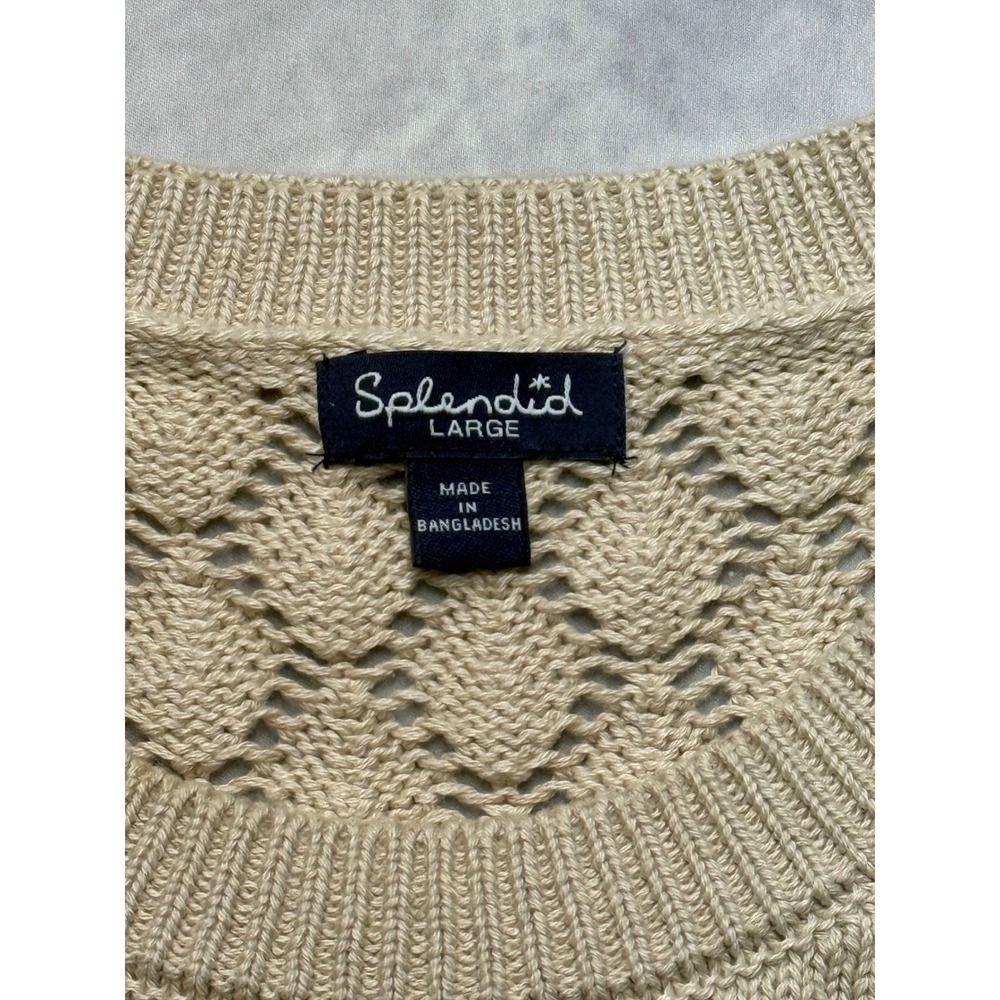 Splendid Tan Open Knit Short Sleeve Sweater Top womens sz L cottage shabby boho - Picture 3 of 8